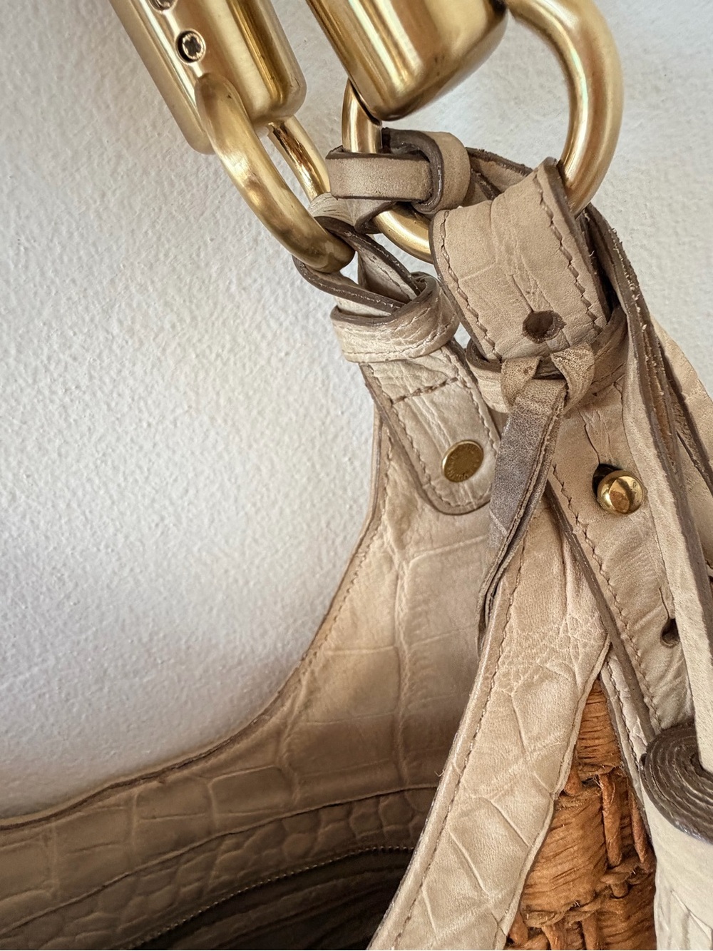 Brahmin Woven Straw Tote with Cream Leather Trim embossed croc - Picture 9 of 12